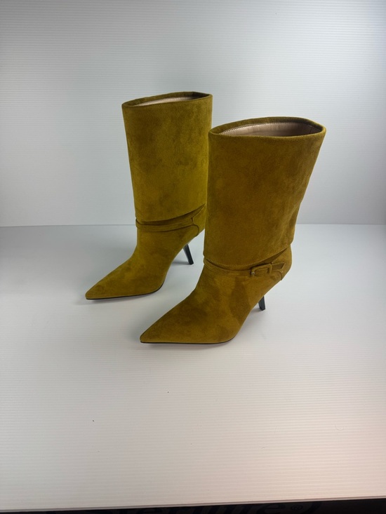 Azalea Wang Shoes - AKIRA Winding Olive Green Suede Pointed Toe Mid-Calf Boots Stiletto Heel Size 7